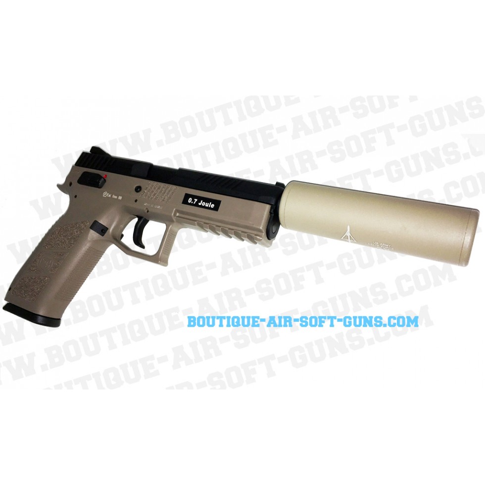 Pistolet airsoft GBB CZ P09 FDE avec silencieux - 0.7 joule